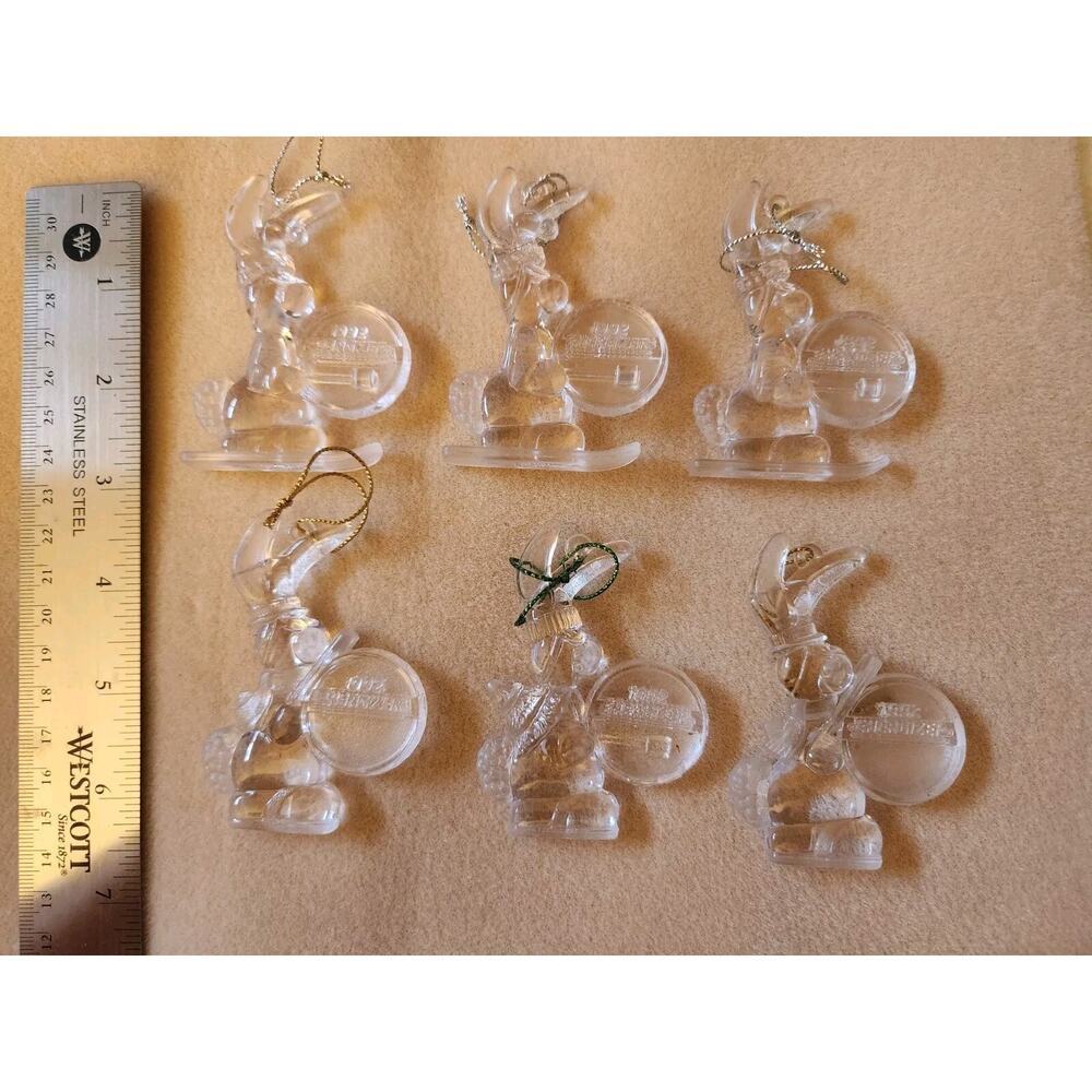 Six 1992 Energizer Bunny Clear Plastic Christmas Ornaments